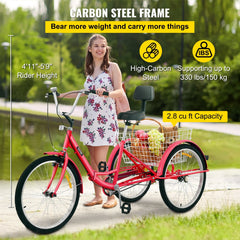VEVOR Foldable Adult Tricycle 24'' 1 Speed Red White Green Blue 3-Wheel Folding Bike with Shopping Basket