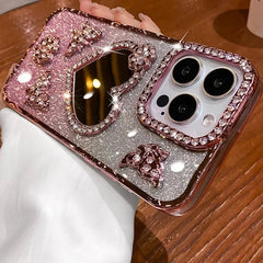 Bling Rhinestone Mirror Cover Case for iPhone 16 pro Max 15 plus Glitter Diamond Encrusted Butterfly Design Shockproof Anti-Knock