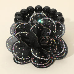 Bling Studded Fabric Flower Statement Faux Pearl Beaded Stretch Bracelet