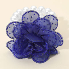 Bling Studded Fabric Flower Statement Faux Pearl Beaded Stretch Bracelet