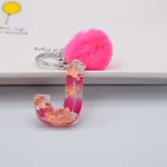 Pink Dried Flower Resin Keychain with Fluffy Hairball