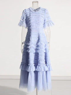 Patchwork Edible Tree Fungus Elegant Dresses For Women Round Neck Short Sleeve High Waist Temperament Dress Female Fashion