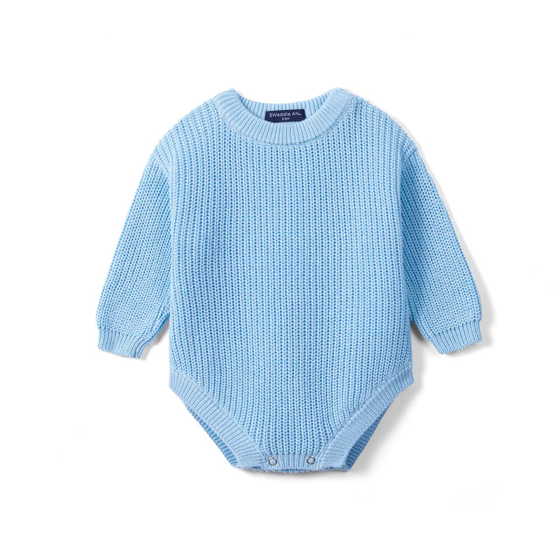 Classic Chunky Knit Baby Romper in Baby Blue
