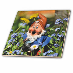 3dRose Garden Gnome with Blue White and Yellow Flowers, 3dramm - Tiles (ct_349571)
