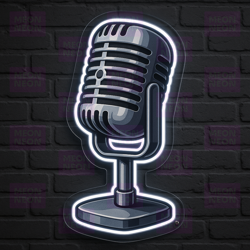 Vintage Microphone LED Neon Sign - Classic Studio Equipment - Professional Audio - Cool White Light