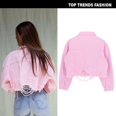 Casual Women's Cropped Denim Jacket in Ghost Pink