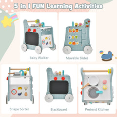 6-in-1 Wooden Baby Stroller with Play Kitchen for Kids Over 12 Months