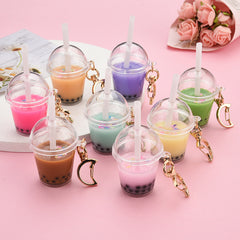 Mini Pearl Milk Tea Cup Keychain with Moon Buckle