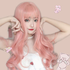 Long Pink Wavy Wig with Bangs for Women (Full Cap)