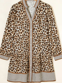 Leopard Print Striped Patchwork 3/4 Sleeve Loose Mini Dress
