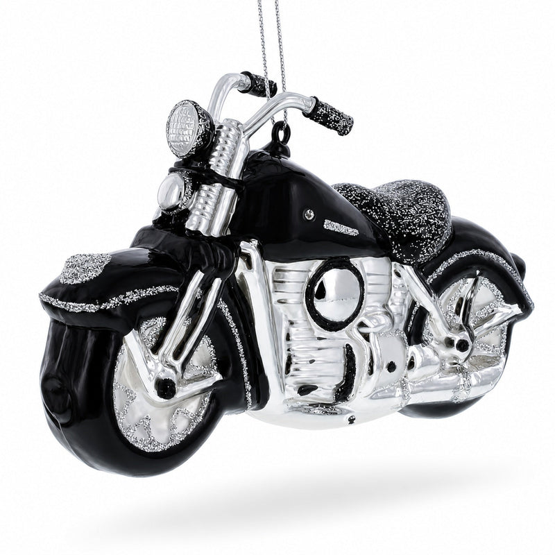 Black & White Motorcycle Glass Christmas Ornament