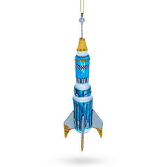 Blue Rocket Space Shuttle Glass Christmas Ornament