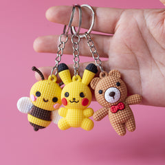 3D Knitting Cartoon Bee Keychain with Cat and Bear Pendant