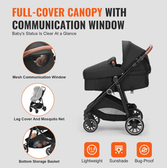 Deluxe Adjustable Baby Stroller with Bassinet - Black