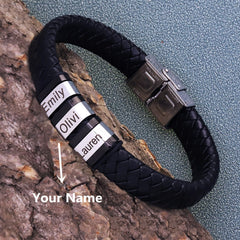 Men's Personalized Black Leather Name Bracelet