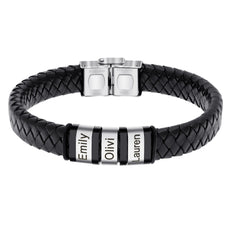 Men's Personalized Black Leather Name Bracelet