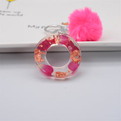 Pink Dried Flower Resin Keychain with Fluffy Hairball