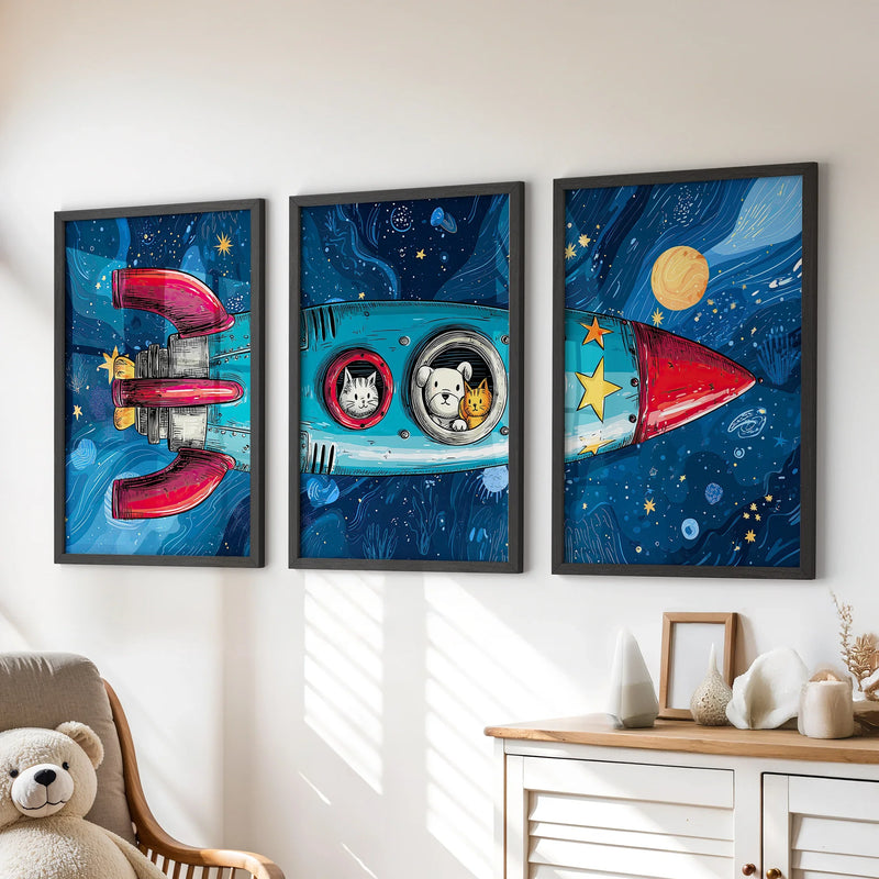 Outer Space Kids Wall Art. Rocket and Stars Nursery Prints