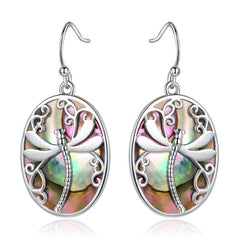 Genuine Blue Abalone Pearl Dragonfly Hook Drop Earrings