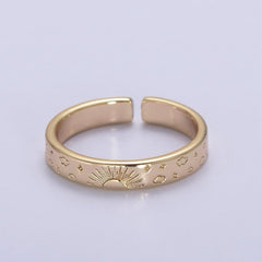 Gold Celestial Astronomy RING SET, Engraved Sun & Moon & Stars Gold Band Rings, 16K Gold Filled Adjustable Rings U-442