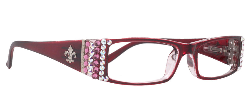 The French, (Bling) (Fleur De Lis) Women Reading Glasses W Genuine European  AB n Rose Crystals +1 .. +3 (Red) Frame, NY Fifth Avenue
