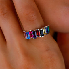 Baguette Gemstone Ring | Adjustable Birthstone Jewelry in Sterling Silver