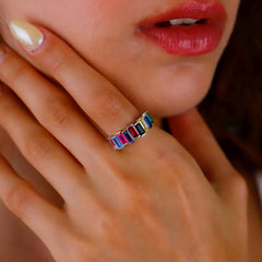 Baguette Gemstone Ring | Adjustable Birthstone Jewelry in Sterling Silver