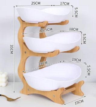 Bamboo and Ceramic Three-Tier Fruit Bowl (One Piece)
