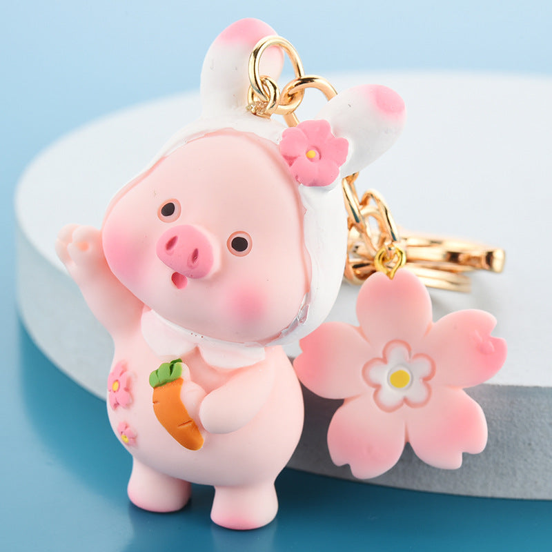 3D Cute Pink Pig Flower Keychain for School Bags