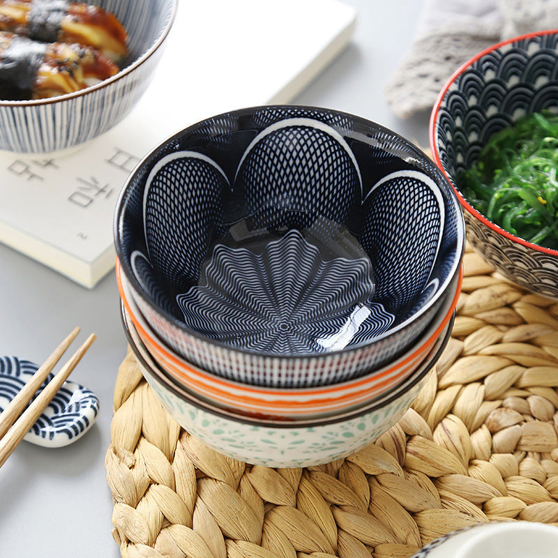 5-Inch Japanese Glazed Ceramic Threaded Rice Bowl