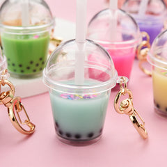 Mini Pearl Milk Tea Cup Keychain with Moon Buckle