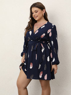 Trendy Plus Size Deep V-Neck Feather Print Dress
