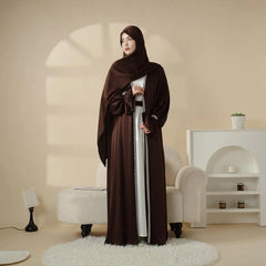 Poet Sleeve Satin Open Abaya With Matching Belt and Hijab (MOA009)