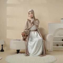 Poet Sleeve Satin Open Abaya With Matching Belt and Hijab (MOA009)