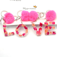 Pink Dried Flower Resin Keychain with Fluffy Hairball