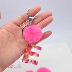 Pink Dried Flower Resin Keychain with Fluffy Hairball