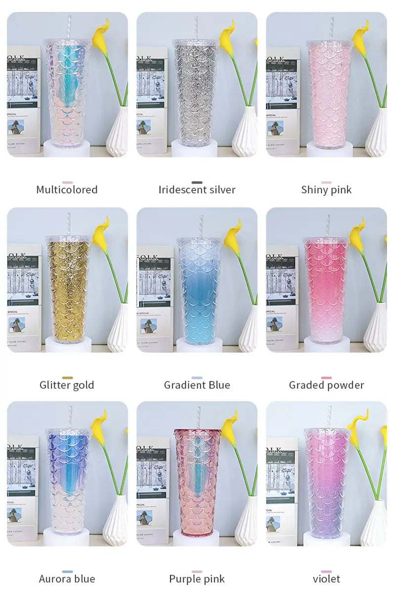 Fish Scale Double Insulation Straw Drinking Cup (1pc)
