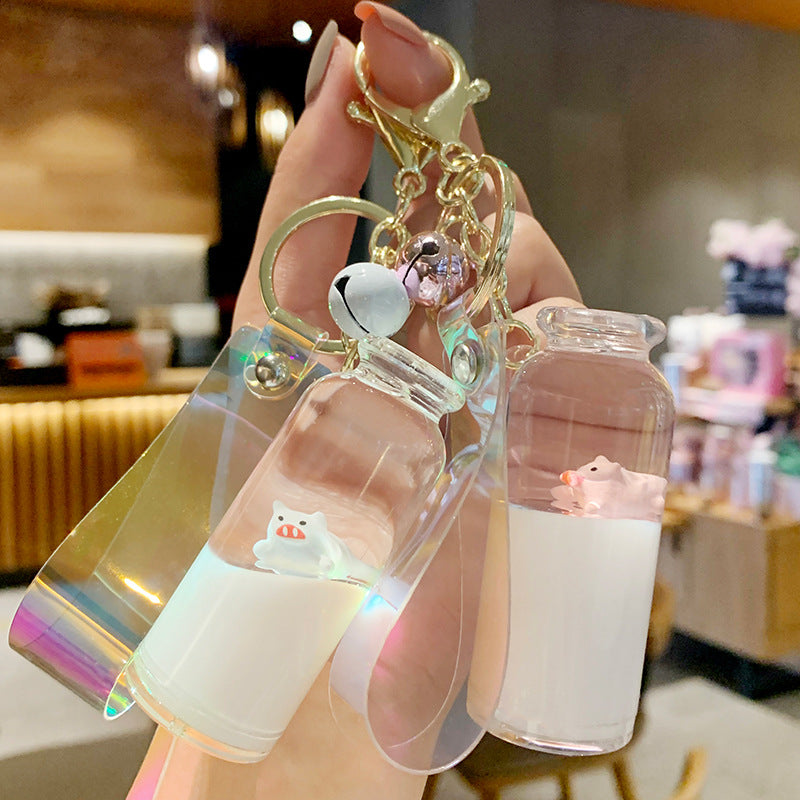 Floating Milk Pig Keychain Pendant with Quicksand Bottle