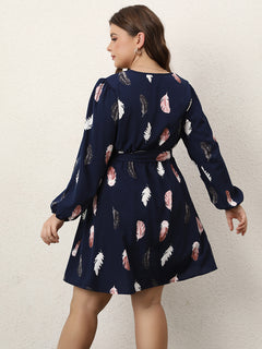 Trendy Plus Size Deep V-Neck Feather Print Dress