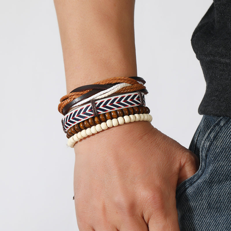 Retro Men's Wooden Bead Leather Woven Bracelet