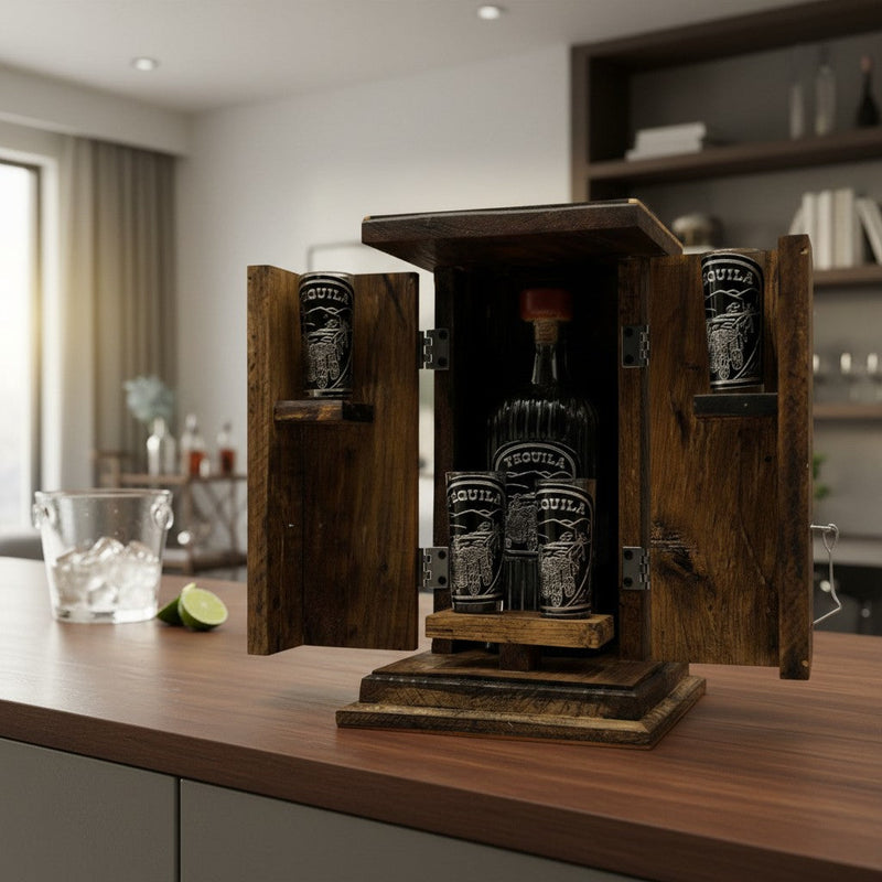 Handmade Shot Glass & Decanter Set | Mexican Rustic Wood Box