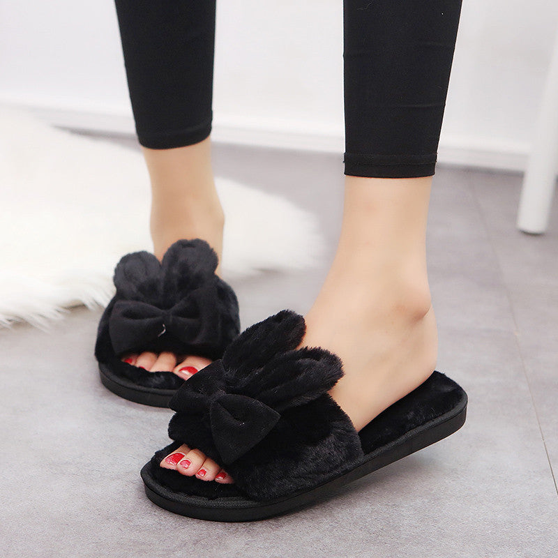 Female Furry Slippers with Bow and Rabbit Ears