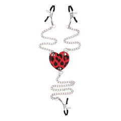 Leather Heart Leopard Print Nipple Clamps with Chains
