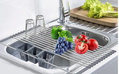 Expandable Roll Up Dish Drying Rack with Baskets