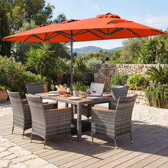 8 Pieces Outdoor Wicker Dining Furniture and 13.5 FT Double-Sided Patio Umbrella