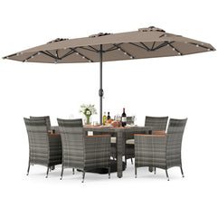 8 Pieces Outdoor Wicker Dining Furniture and 13.5 FT Double-Sided Patio Umbrella