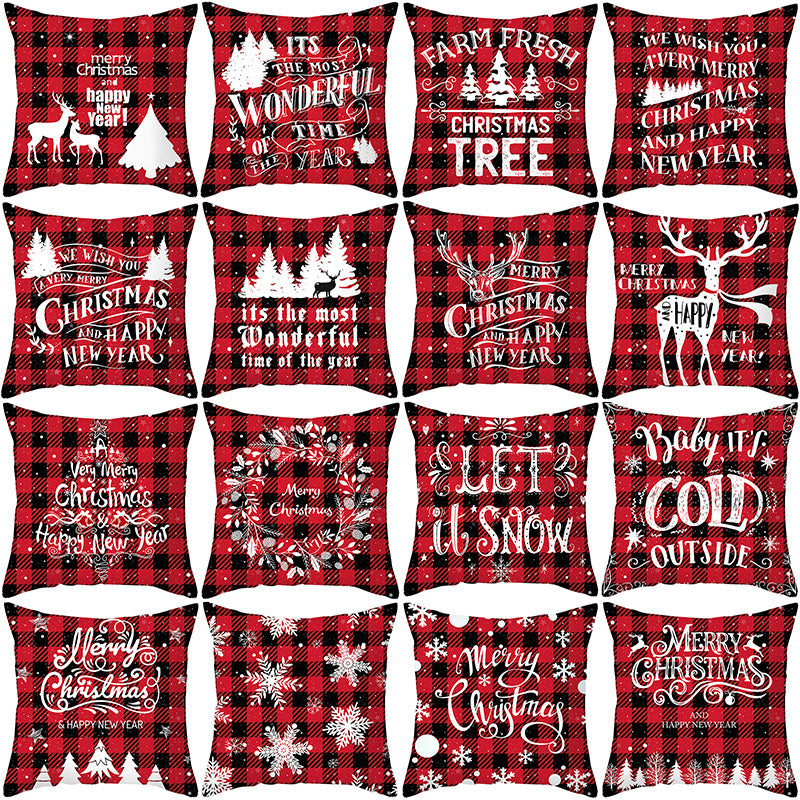 Red Plaid Christmas Pillow Cover in Peach Skin Fabric