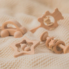 Wooden Baby Rattles Set | Beech Wood Teether and Musical Montessori Toy for Infants