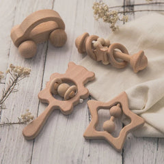 Wooden Baby Rattles Set | Beech Wood Teether and Musical Montessori Toy for Infants