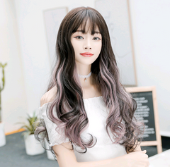 Ladies' Multicolor Gradient Long Wavy Wig with Bangs